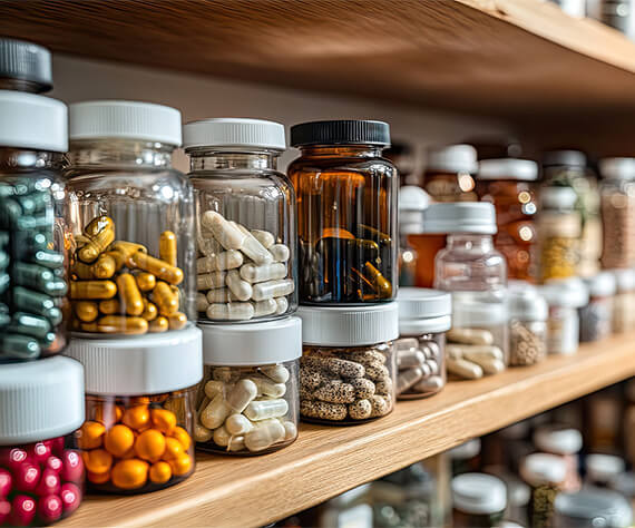 Various clear and amber plastic and glass bottles filled with assorted vitamins, capsules, and pills neatly arranged on a wooden shelf